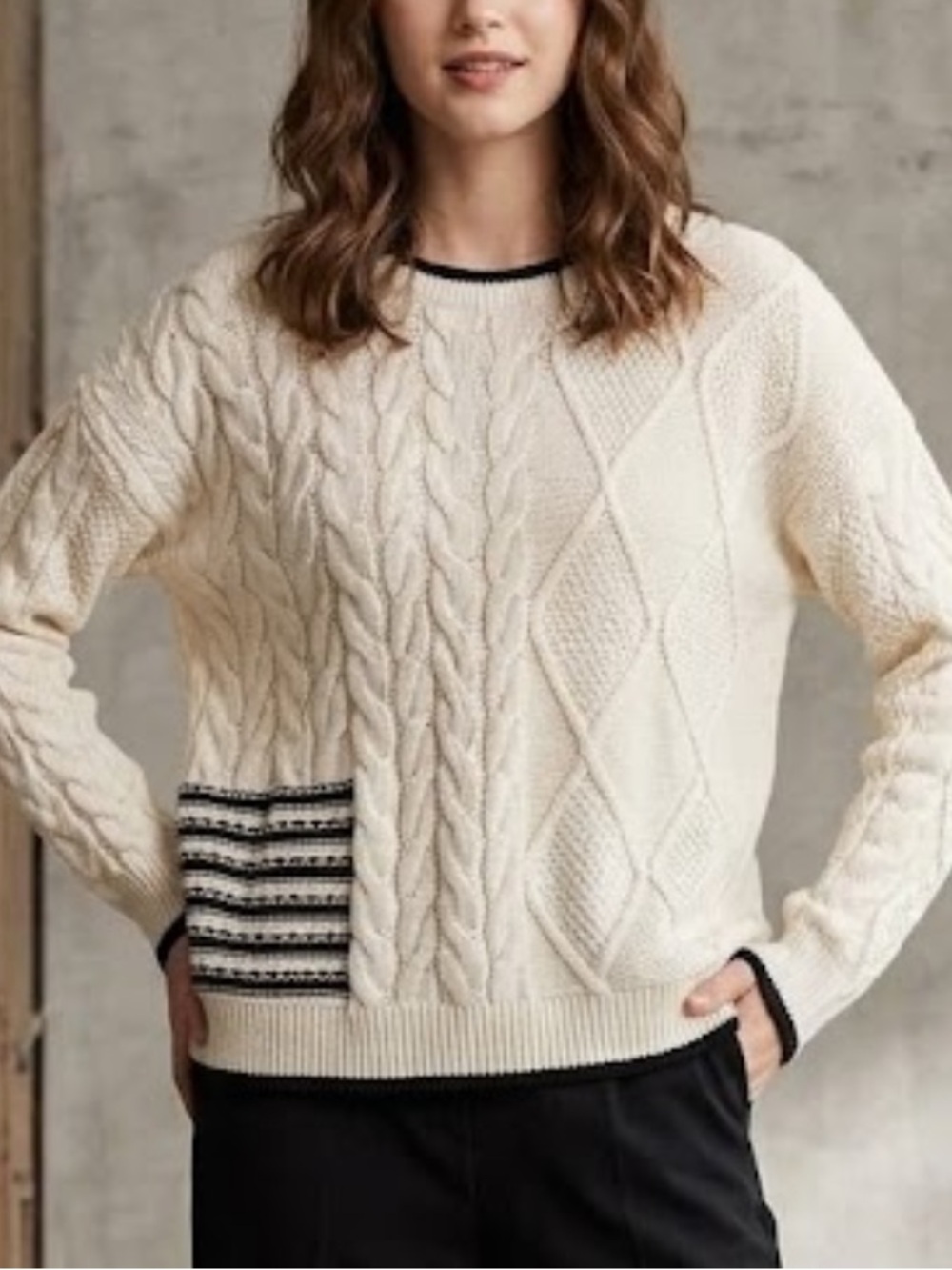 MELLO Los Angeles Cream Cable Knit Sweater with Striped Pocket! L